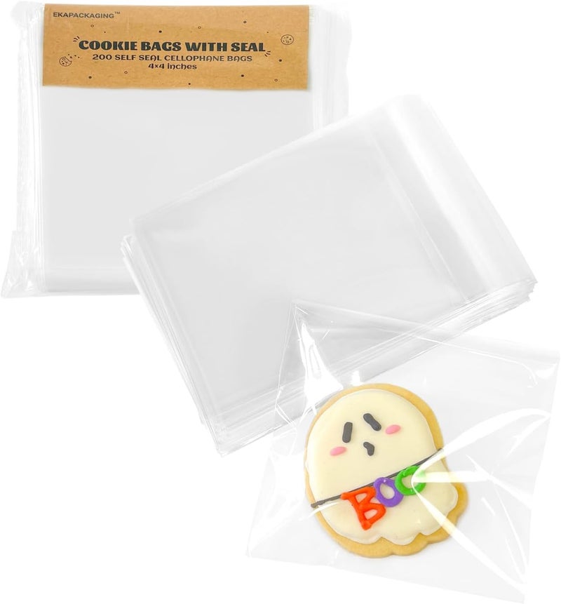 EKAPACKAGING Clear 4x4 Inches 200Pcs Self Sealing Cellophane Cookie Bags Christmas Treat Individual Party Favor Bag Plastic Sealable Small Goodie Cello Snack Gift Packaging with Seal - Image 1